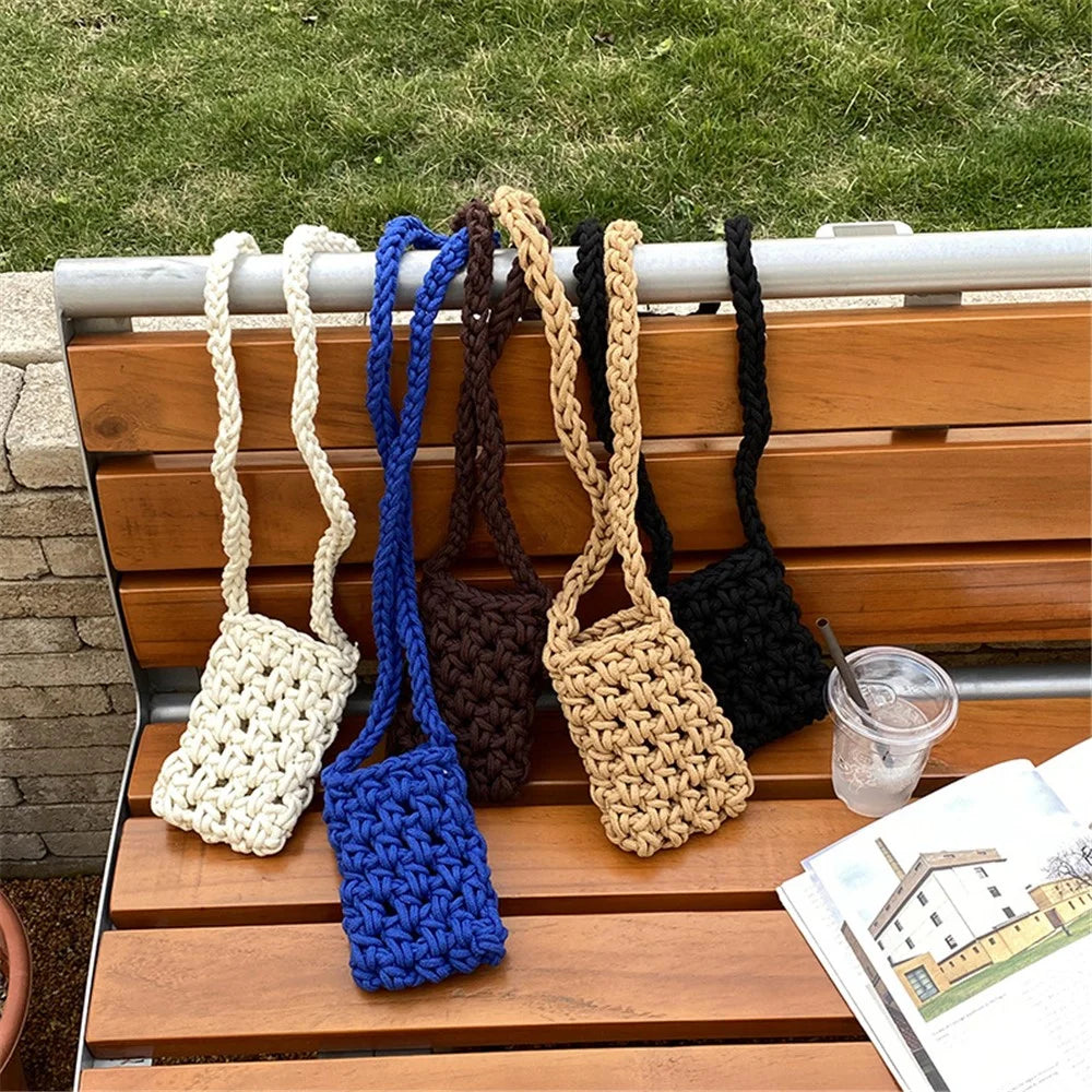 Universal Crossbody Woven Phone Bag Hollow Knitted Shoulder Bag Handmade Crochet Pouch for Mobile Phone - Black - 5