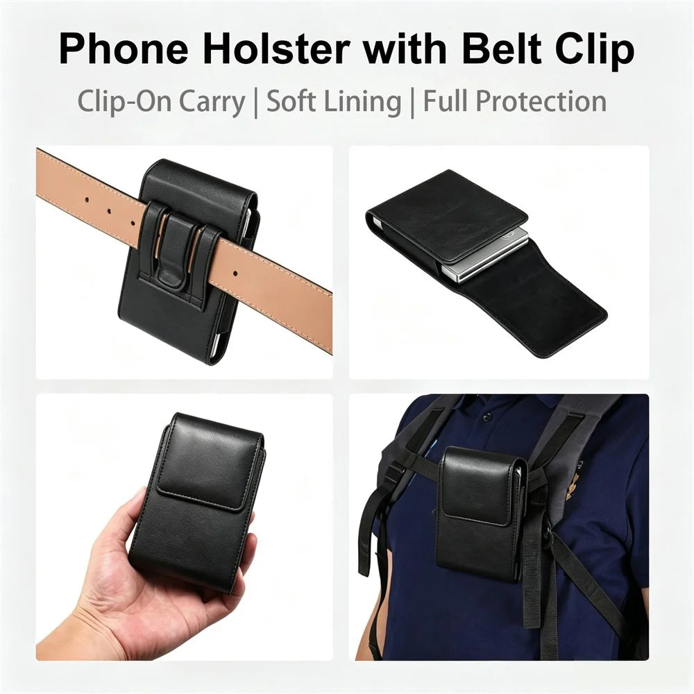 For Samsung Galaxy Z Fold8 / Huawei Pura X Max Phone Holster with Belt Clip Crazy Horse Texture PU Leather Universal Pouch - Black - 6
