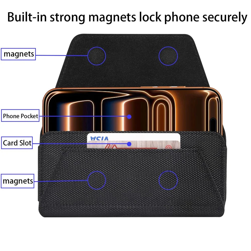 6.5 inch Phone Holster Magnetic Closure Oxford Fabric Belt Clip Universal Phone Pouch with Card Slot - Black - 7