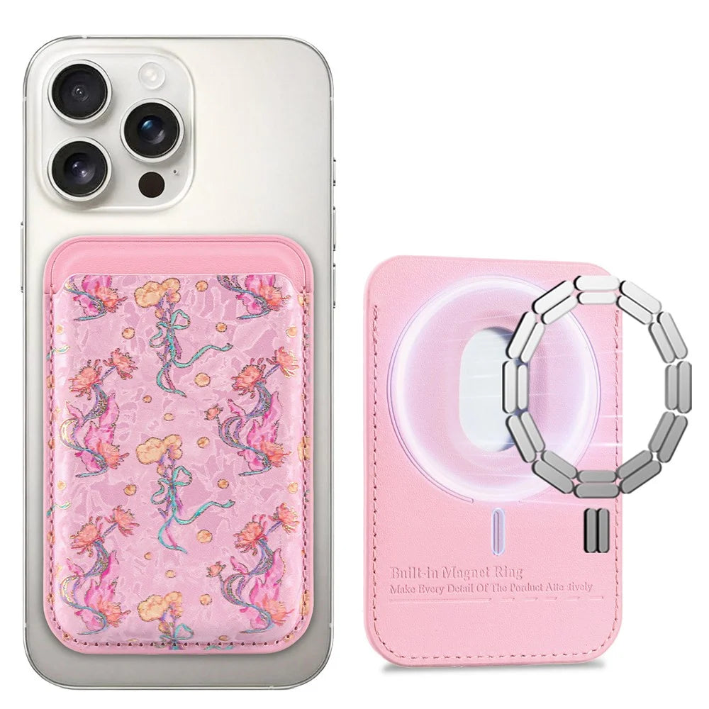 MC-W42 Magnetic Card Holder Phone Wallet Floral Print Ultra-thin Card Sleeve Compatible with iPhone 12 - 17 Series - Pink - 1