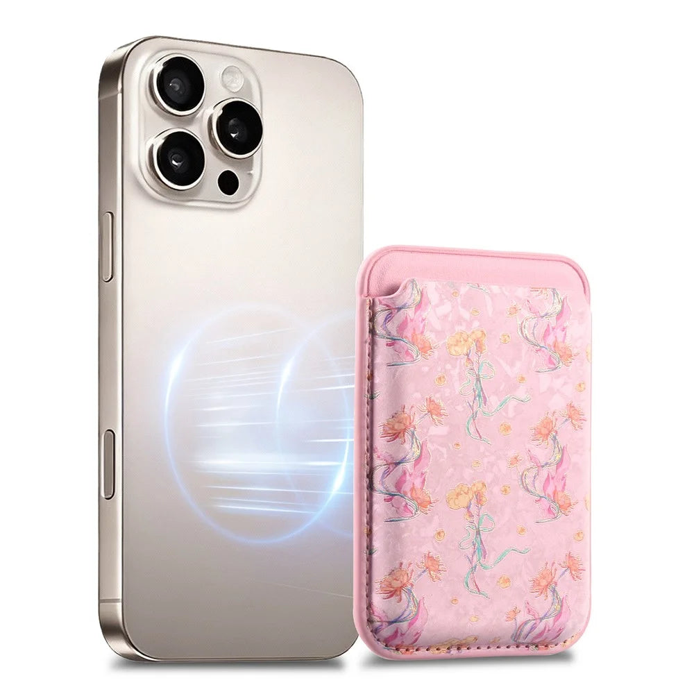 MC-W42 Magnetic Card Holder Phone Wallet Floral Print Ultra-thin Card Sleeve Compatible with iPhone 12 - 17 Series - Pink - 2