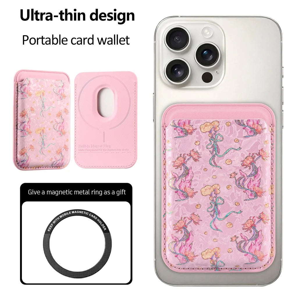 MC-W42 Magnetic Card Holder Phone Wallet Floral Print Ultra-thin Card Sleeve Compatible with iPhone 12 - 17 Series - Pink - 4
