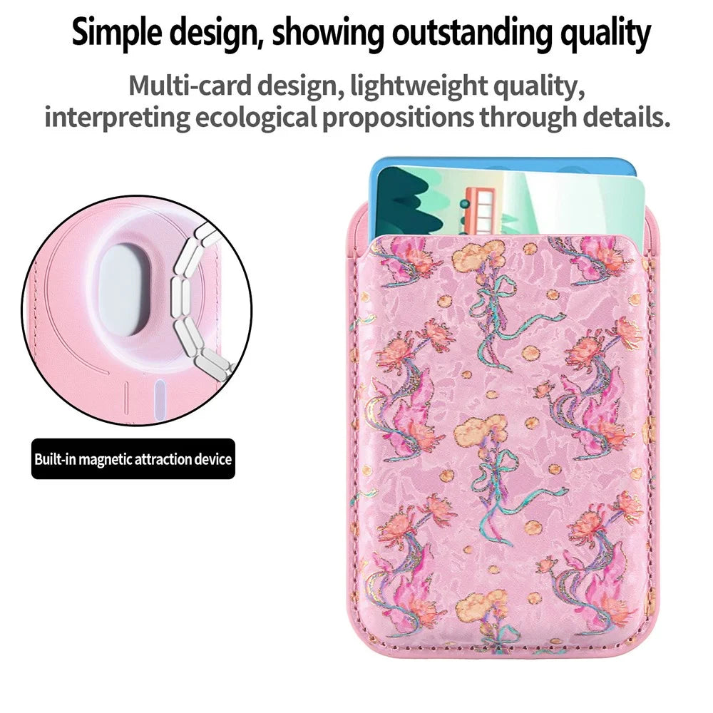 MC-W42 Magnetic Card Holder Phone Wallet Floral Print Ultra-thin Card Sleeve Compatible with iPhone 12 - 17 Series - Pink - 5