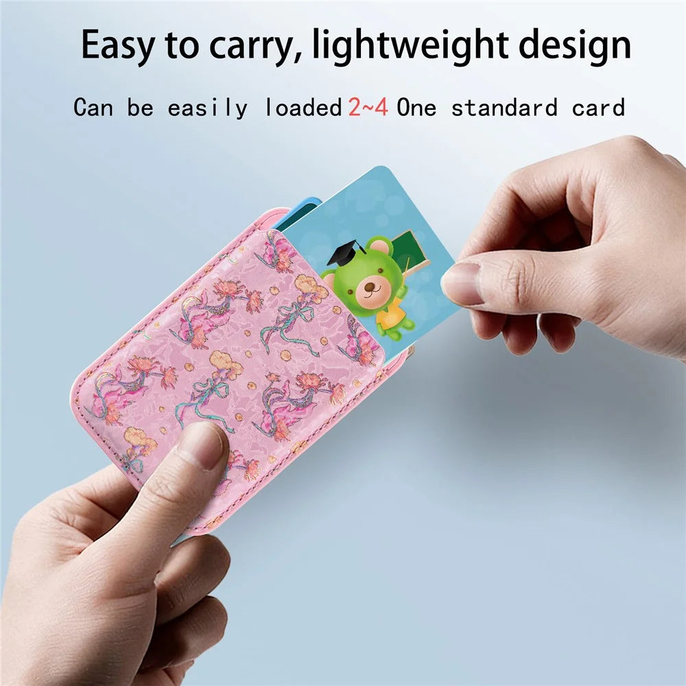 MC-W42 Magnetic Card Holder Phone Wallet Floral Print Ultra-thin Card Sleeve Compatible with iPhone 12 - 17 Series - Pink - 7