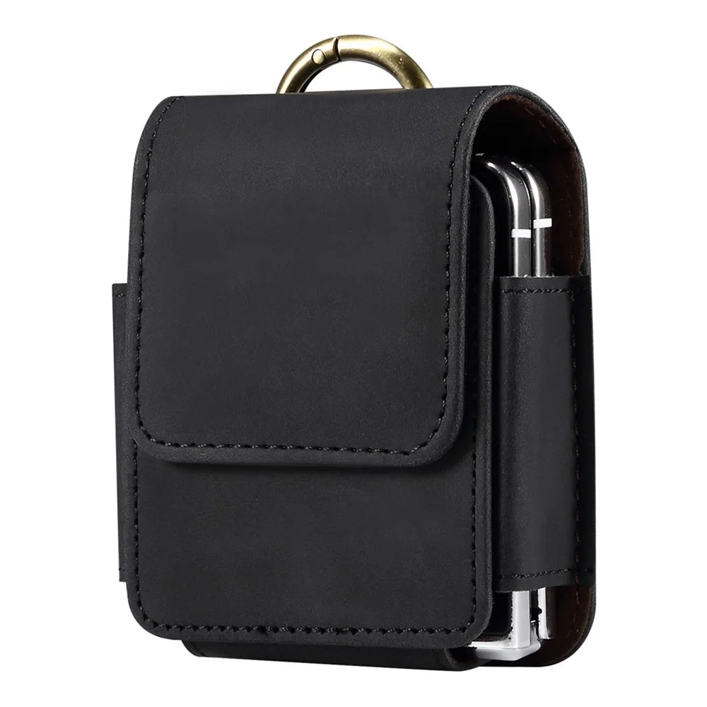 Universal Flip Phone Case Belt Holster for Samsung Galaxy Z Flip8 / Z Flip7 5G / Huawei Pocket S / P50 Pocket Mircofiber Leather Pouch - Black - 1