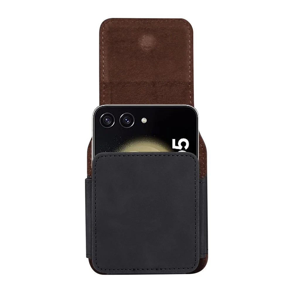 Universal Flip Phone Case Belt Holster for Samsung Galaxy Z Flip8 / Z Flip7 5G / Huawei Pocket S / P50 Pocket Mircofiber Leather Pouch - Black - 3