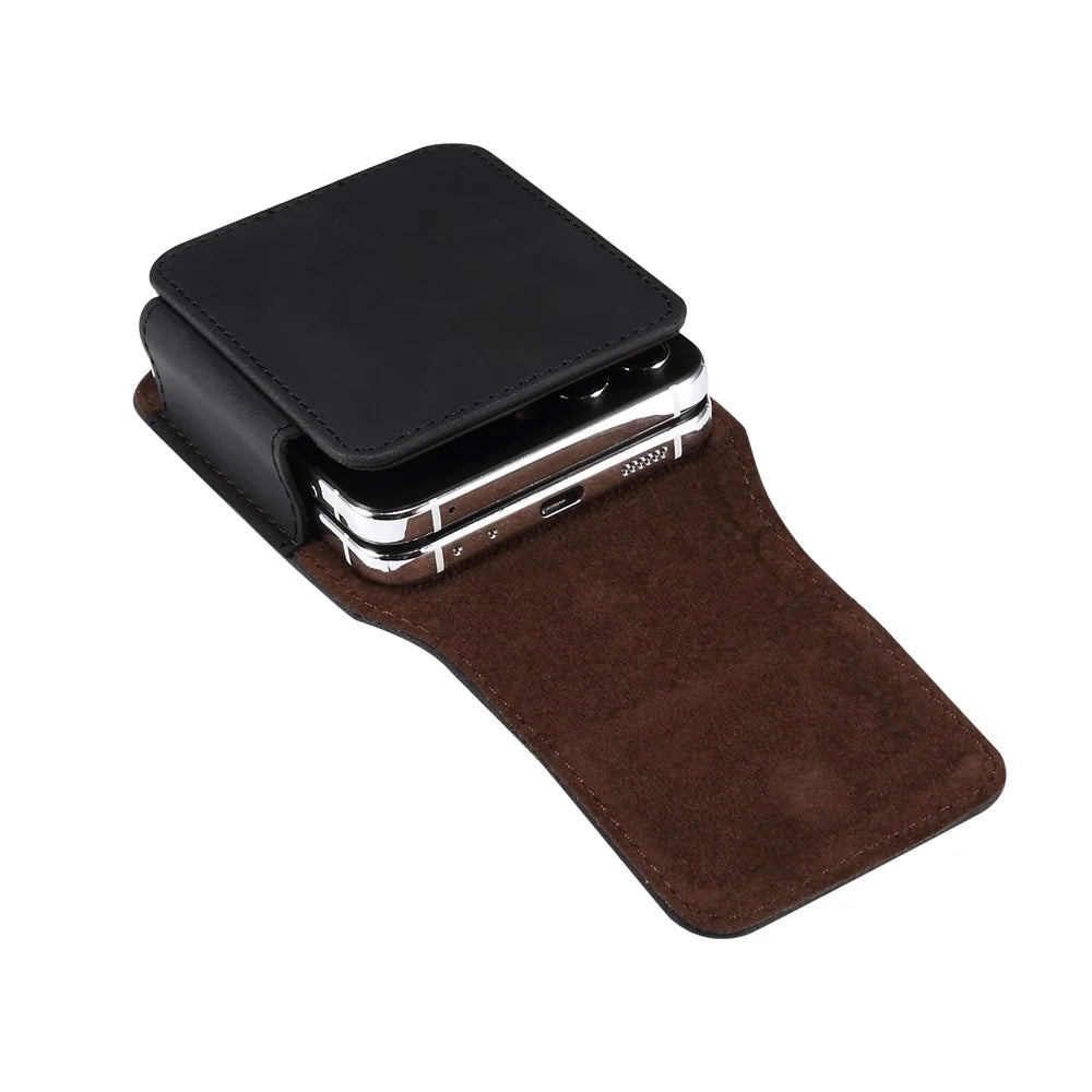 Universal Flip Phone Case Belt Holster for Samsung Galaxy Z Flip8 / Z Flip7 5G / Huawei Pocket S / P50 Pocket Mircofiber Leather Pouch - Black - 5