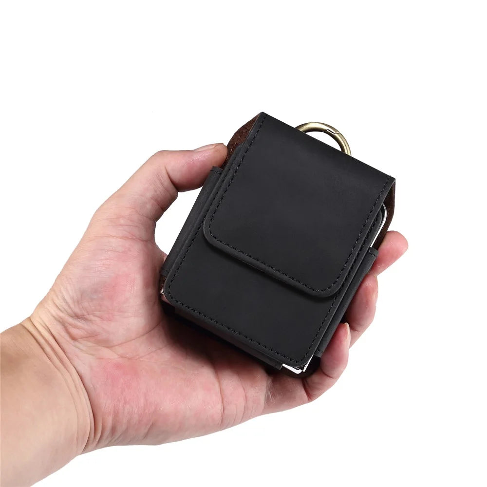 Universal Flip Phone Case Belt Holster for Samsung Galaxy Z Flip8 / Z Flip7 5G / Huawei Pocket S / P50 Pocket Mircofiber Leather Pouch - Black - 7