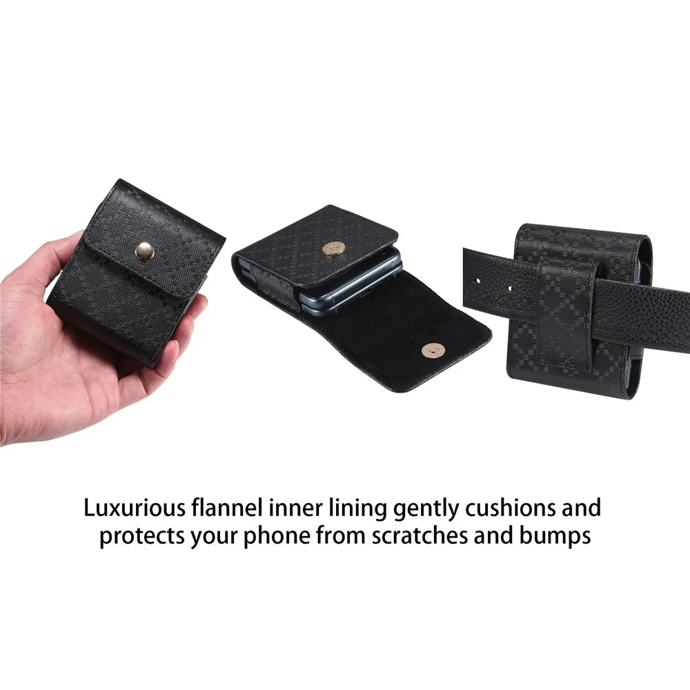 Checkered Texture Leather Holster Pouch for Samsung Galaxy Z Flip8 / Z Flip7 5G / Huawei Pocket S / P50 Pocket Flip Phone Case - Black - 7