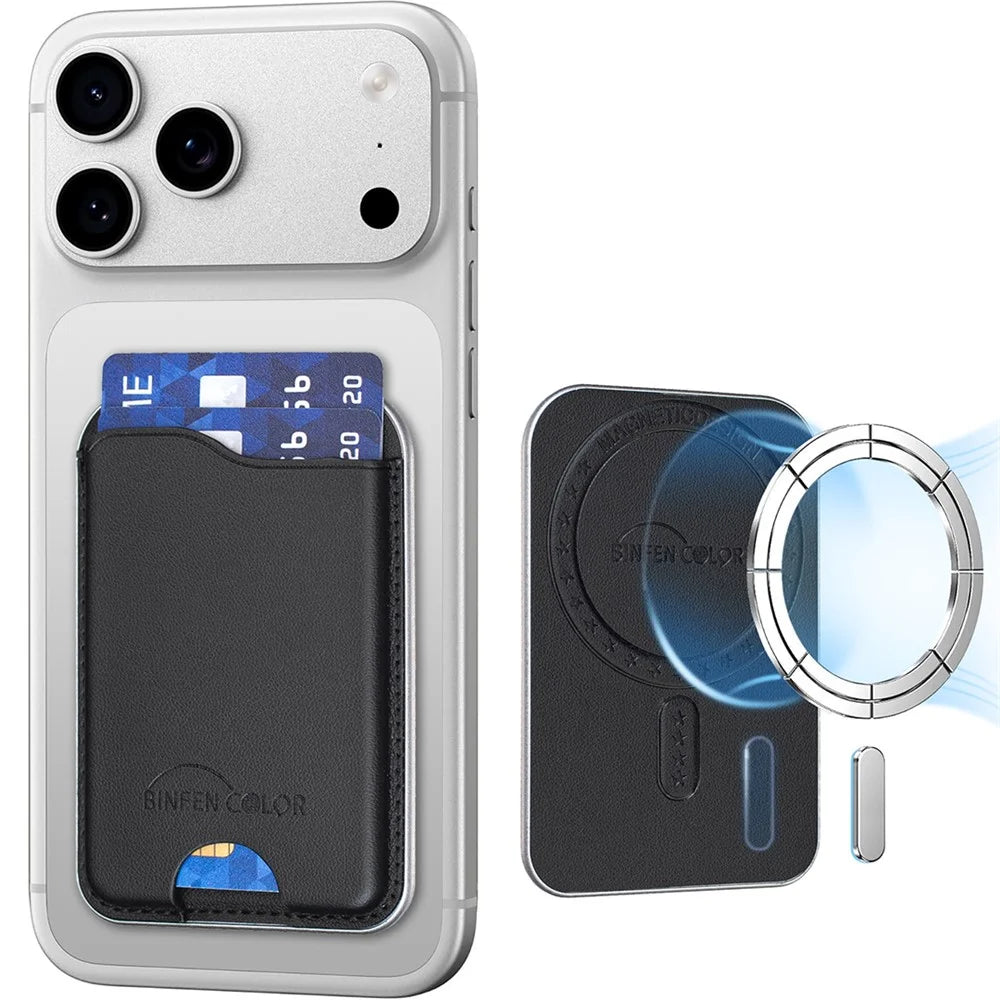 BINFEN COLOR BFK48 Magnetic Card Holder Slim Leather Phone Wallet for iPhone 12 - 17 Series - Black - 1