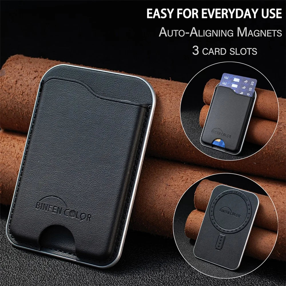 BINFEN COLOR BFK48 Magnetic Card Holder Slim Leather Phone Wallet for iPhone 12 - 17 Series - Black - 6