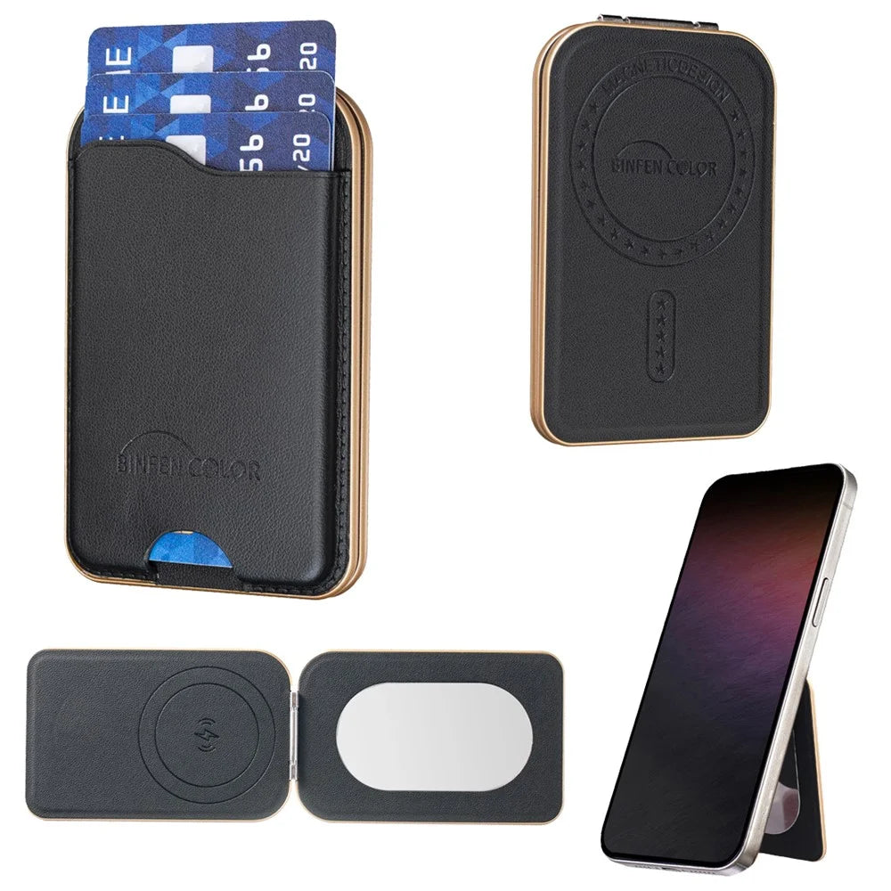 BINFEN COLOR BFK47 Leather Magnetic Card Holder with Kickstand  /  Vanity Mirror for iPhone 12 - 17 Series - Black - 2