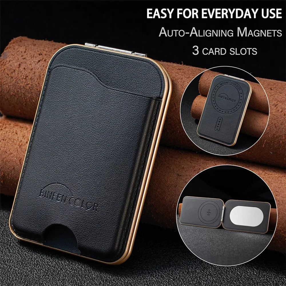 BINFEN COLOR BFK47 Leather Magnetic Card Holder with Kickstand  /  Vanity Mirror for iPhone 12 - 17 Series - Black - 6