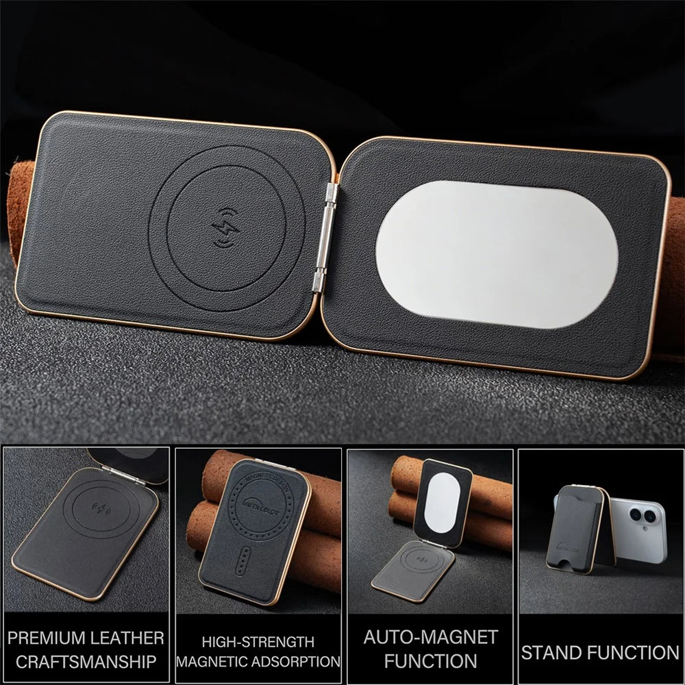 BINFEN COLOR BFK47 Leather Magnetic Card Holder with Kickstand  /  Vanity Mirror for iPhone 12 - 17 Series - Black - 7
