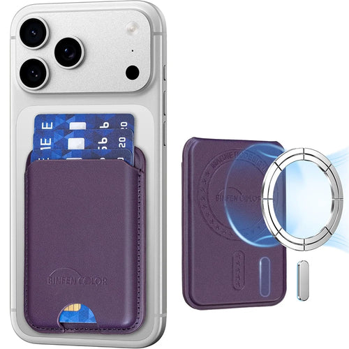 BINFEN COLOR BFK52 Magnetic Card Holder Kickstand PU Leather 3-Card Wallet for iPhone 12 - 17 Series Smartphones - Dark Purple - 1