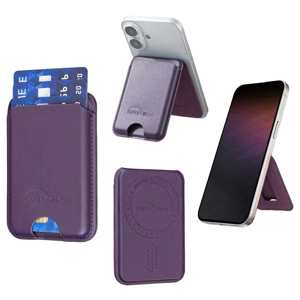 BINFEN COLOR BFK52 Magnetic Card Holder Kickstand PU Leather 3-Card Wallet for iPhone 12 - 17 Series Smartphones - Dark Purple - 2