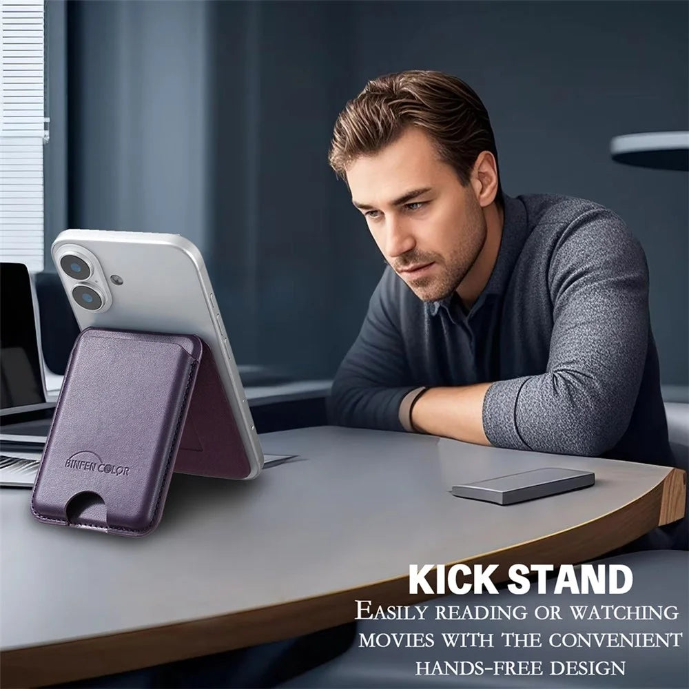 BINFEN COLOR BFK52 Magnetic Card Holder Kickstand PU Leather 3-Card Wallet for iPhone 12 - 17 Series Smartphones - Dark Purple - 6
