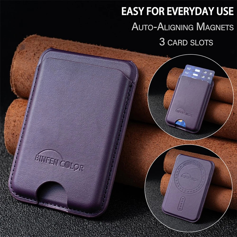 BINFEN COLOR BFK52 Magnetic Card Holder Kickstand PU Leather 3-Card Wallet for iPhone 12 - 17 Series Smartphones - Dark Purple - 7