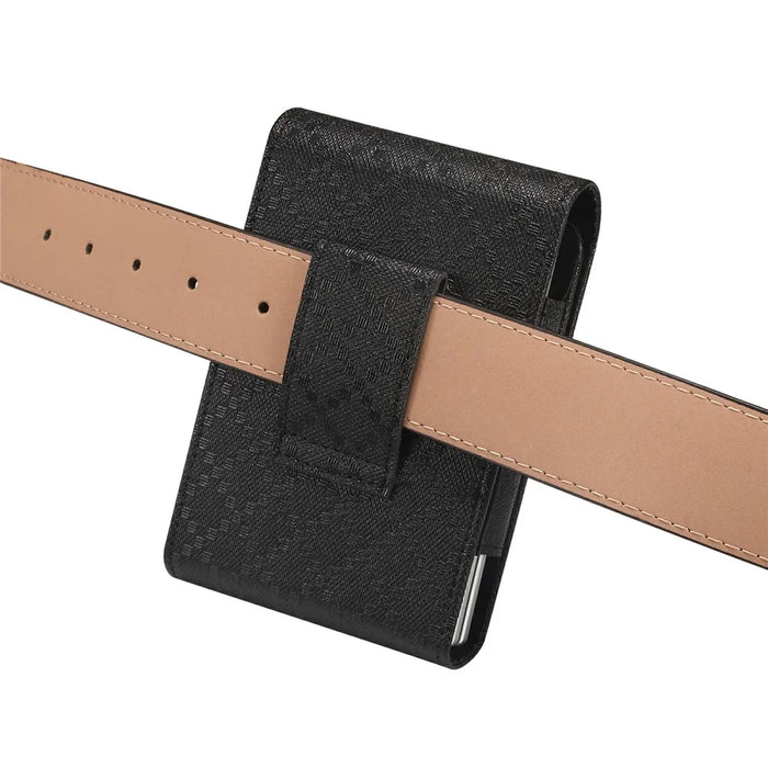 Grid Pattern PU Leather Phone Waist Bag Vertical Pouch Holster with Belt Clip - Black - 6