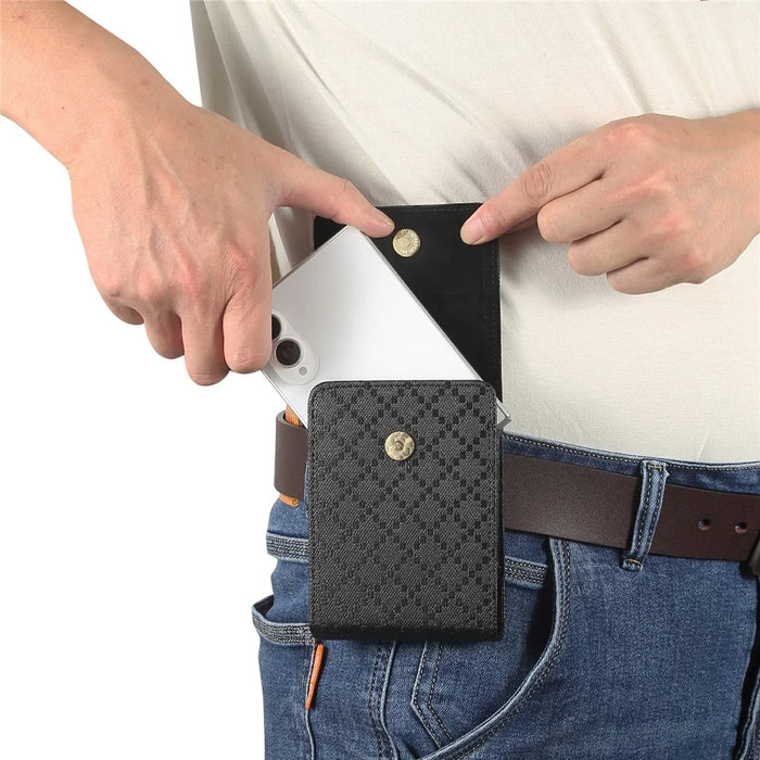 Grid Pattern PU Leather Phone Waist Bag Vertical Pouch Holster with Belt Clip - Black - 7