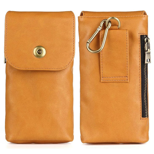Vintage Cowhide Leather Waist Bag Cellphone Loop Holster Men Belt Bag Two Phones Zipper Pouch - Brown - 1