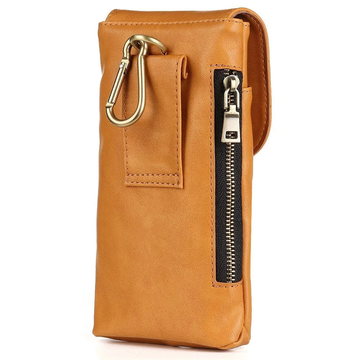 Vintage Cowhide Leather Waist Bag Cellphone Loop Holster Men Belt Bag Two Phones Zipper Pouch - Brown - 2