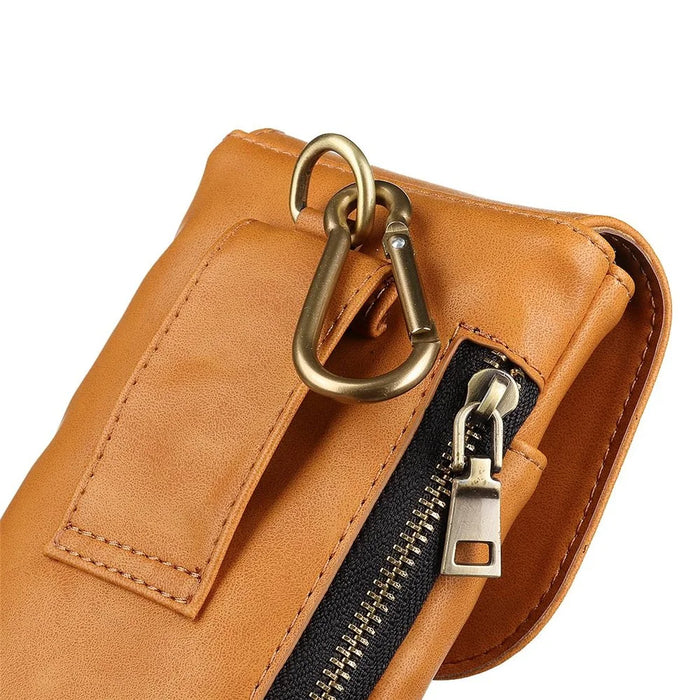 Vintage Cowhide Leather Waist Bag Cellphone Loop Holster Men Belt Bag Two Phones Zipper Pouch - Brown - 4