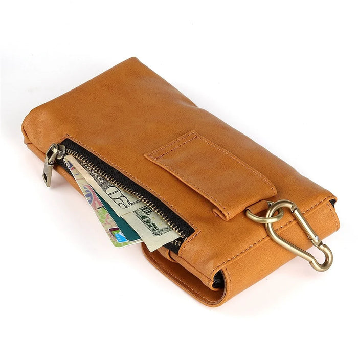 Vintage Cowhide Leather Waist Bag Cellphone Loop Holster Men Belt Bag Two Phones Zipper Pouch - Brown - 7