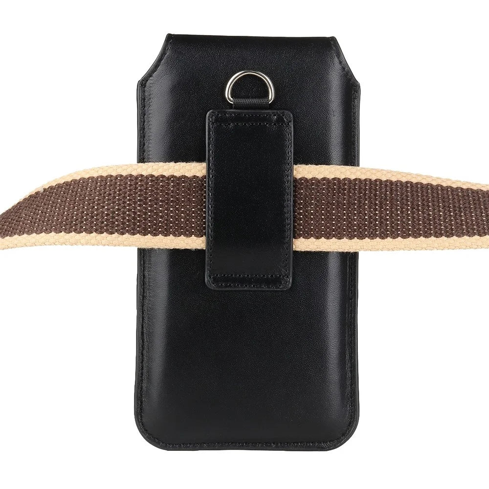 For 5.5-6.1inch Mobile Phone Waist Bag PU Leather Vertical Holster with Belt Loop and Carabiner - Black - 5