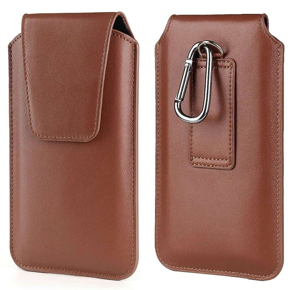 PU Leather Vertical Holster for 6.3-6.7inch Mobile Phone Business Men Waist Bag with Belt Loop and Carabiner - Brown - 1