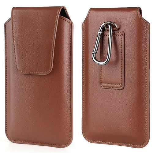 PU Leather Vertical Holster for 6.3-6.7inch Mobile Phone Business Men Waist Bag with Belt Loop and Carabiner - Brown - 1