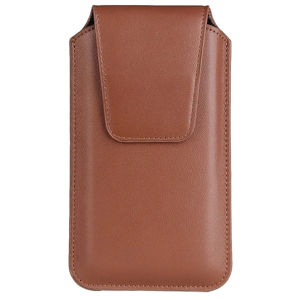 PU Leather Vertical Holster for 6.3-6.7inch Mobile Phone Business Men Waist Bag with Belt Loop and Carabiner - Brown - 2