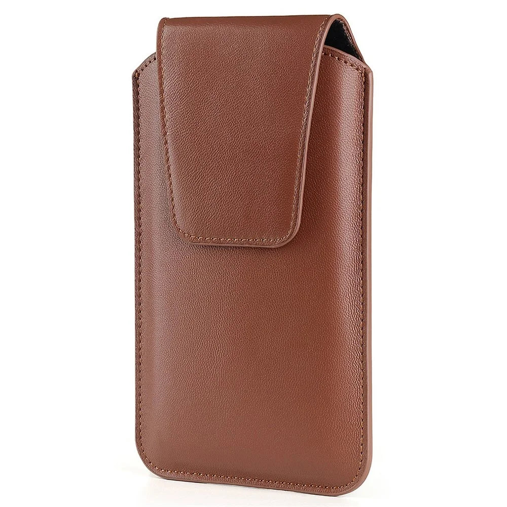 PU Leather Vertical Holster for 6.3-6.7inch Mobile Phone Business Men Waist Bag with Belt Loop and Carabiner - Brown - 3