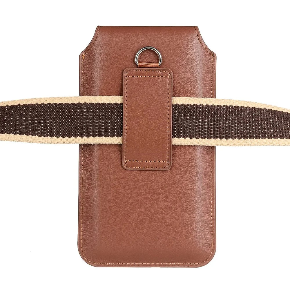 PU Leather Vertical Holster for 6.3-6.7inch Mobile Phone Business Men Waist Bag with Belt Loop and Carabiner - Brown - 4