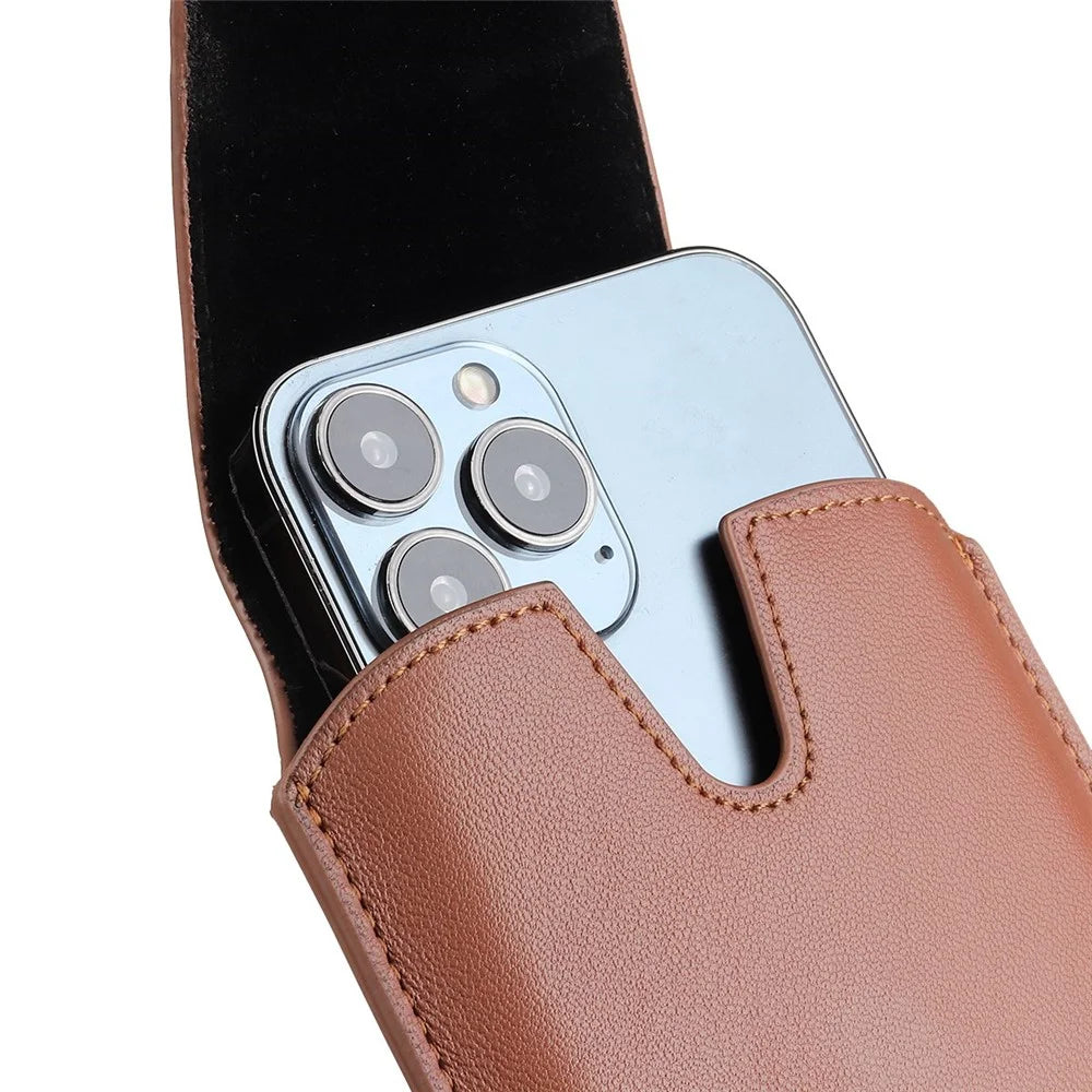 PU Leather Vertical Holster for 6.3-6.7inch Mobile Phone Business Men Waist Bag with Belt Loop and Carabiner - Brown - 5