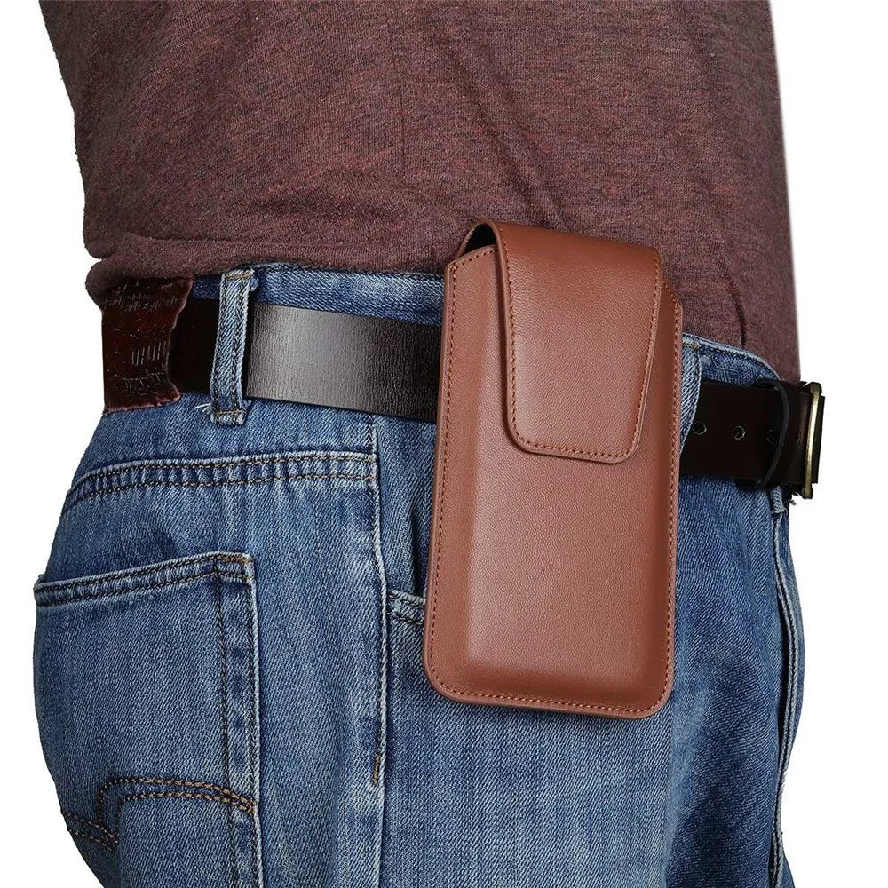 PU Leather Vertical Holster for 6.3-6.7inch Mobile Phone Business Men Waist Bag with Belt Loop and Carabiner - Brown - 7