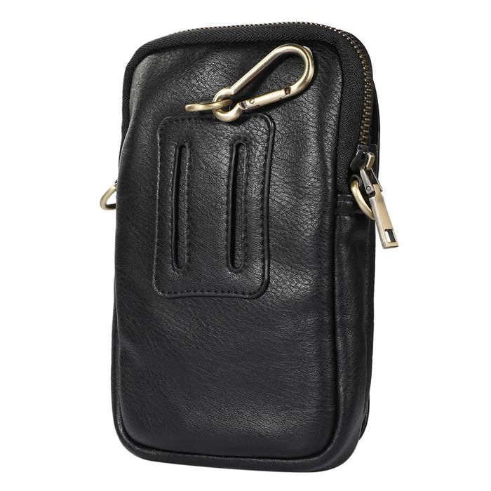 PU Leather Phone Pouch Universal Carry Case Waist Bag Multi-Purpose Belt Clip Card Holder Pouch Zipper Holster with Carabiner - Black - 1