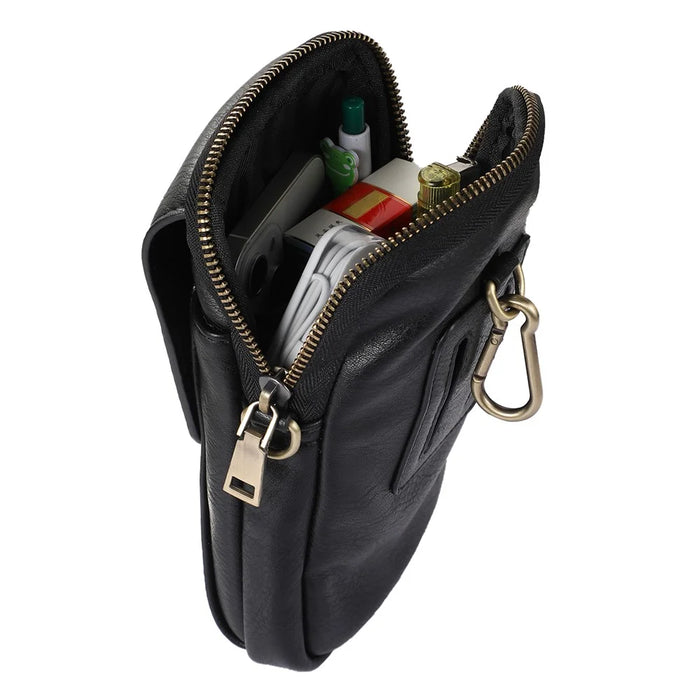 PU Leather Phone Pouch Universal Carry Case Waist Bag Multi-Purpose Belt Clip Card Holder Pouch Zipper Holster with Carabiner - Black - 3