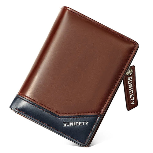 SUNICETY PU Leather Men Folding Short Wallet RFID Blocking Cards Cash Holder Bag with Zipper Pocket - Coffee - 1