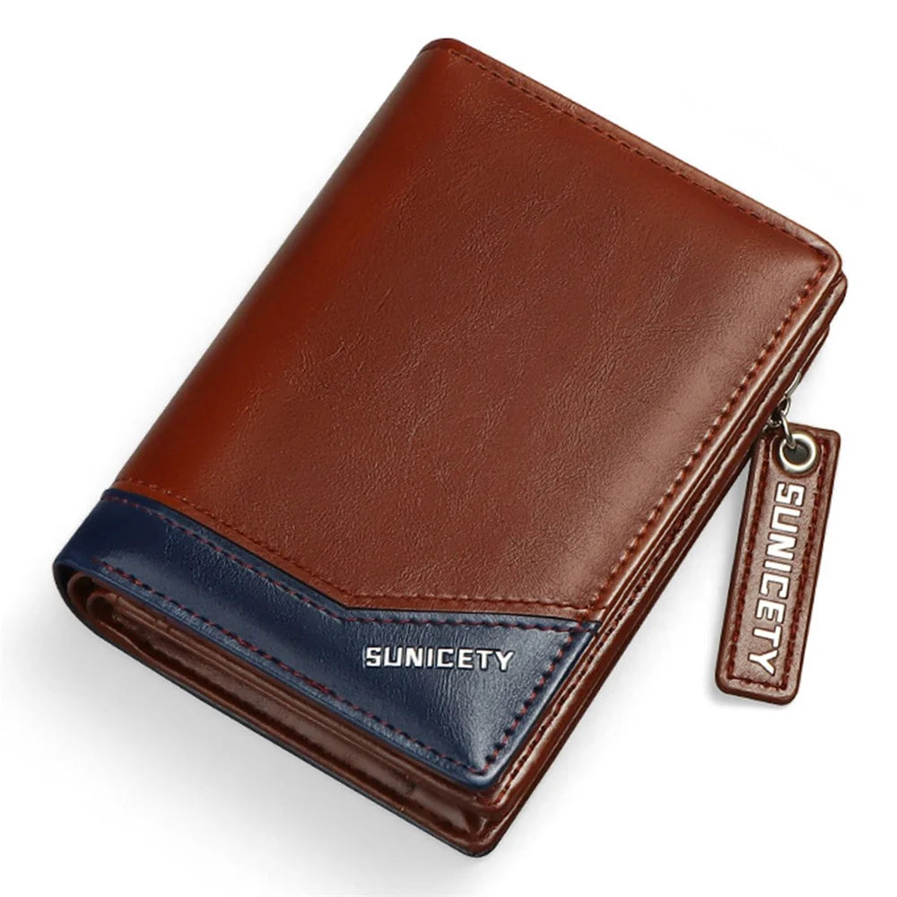 SUNICETY PU Leather Men Folding Short Wallet RFID Blocking Cards Cash Holder Bag with Zipper Pocket - Coffee - 2