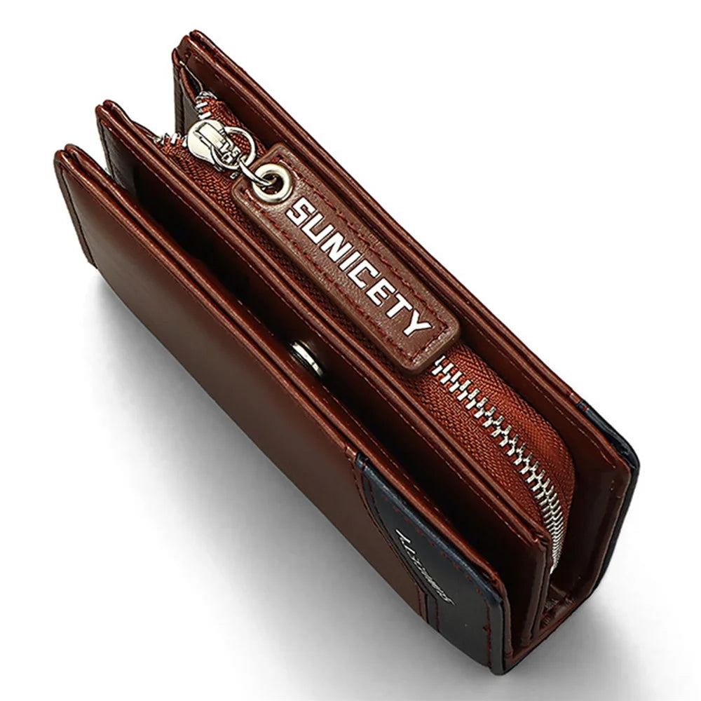 SUNICETY PU Leather Men Folding Short Wallet RFID Blocking Cards Cash Holder Bag with Zipper Pocket - Coffee - 4