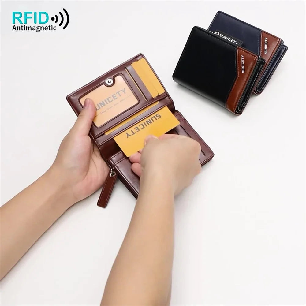 SUNICETY PU Leather Men Folding Short Wallet RFID Blocking Cards Cash Holder Bag with Zipper Pocket - Coffee - 5