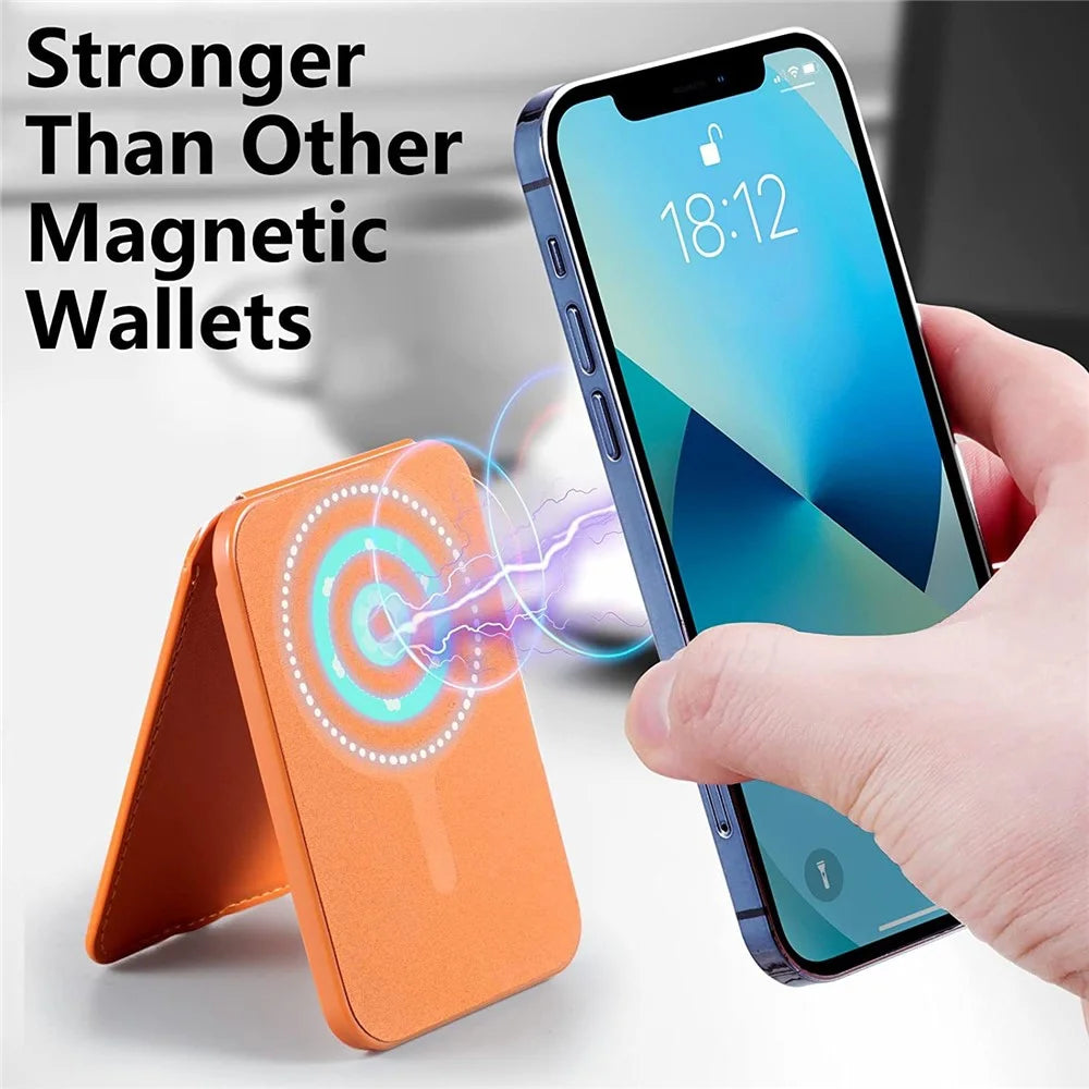 For iPhone 12 / 13 / 14 / 15 Series Magnetic Card Holder Compatible with MagSafe PU Phone Kickstand Card Bag - Orange - 3