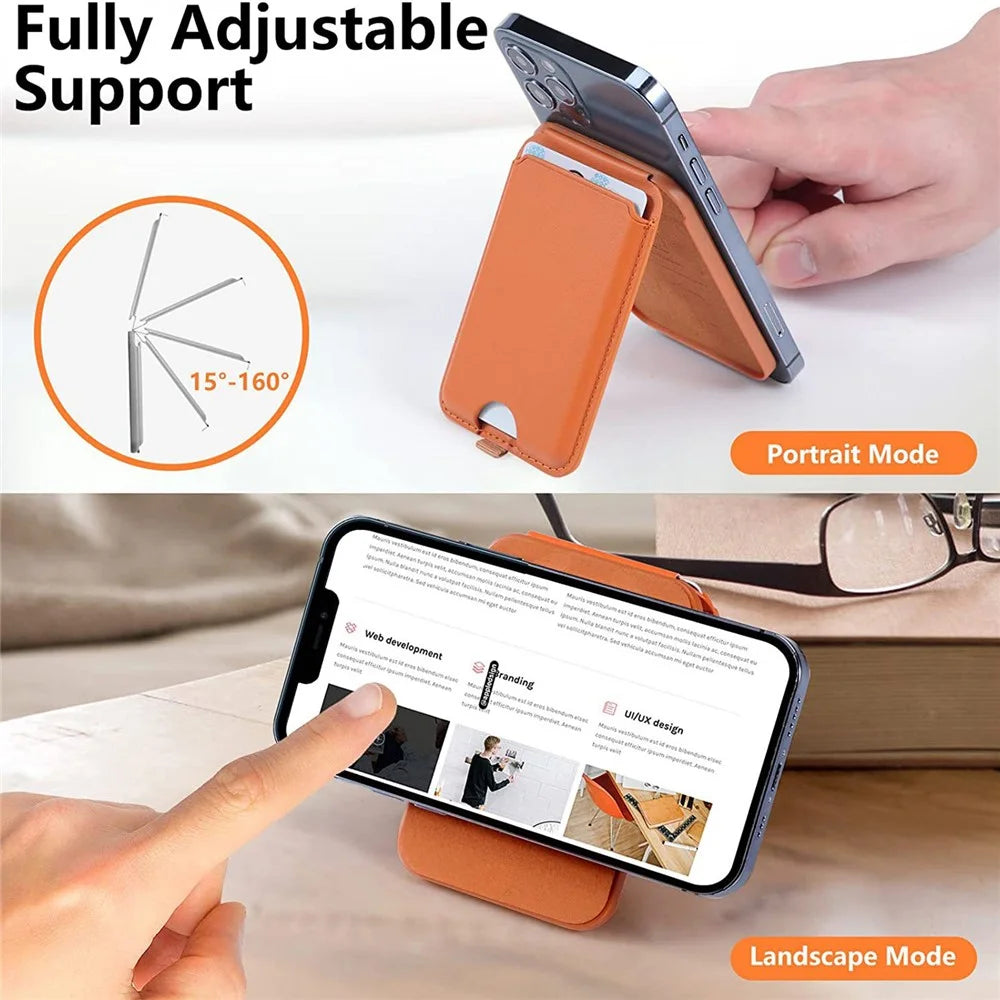For iPhone 12 / 13 / 14 / 15 Series Magnetic Card Holder Compatible with MagSafe PU Phone Kickstand Card Bag - Orange - 4