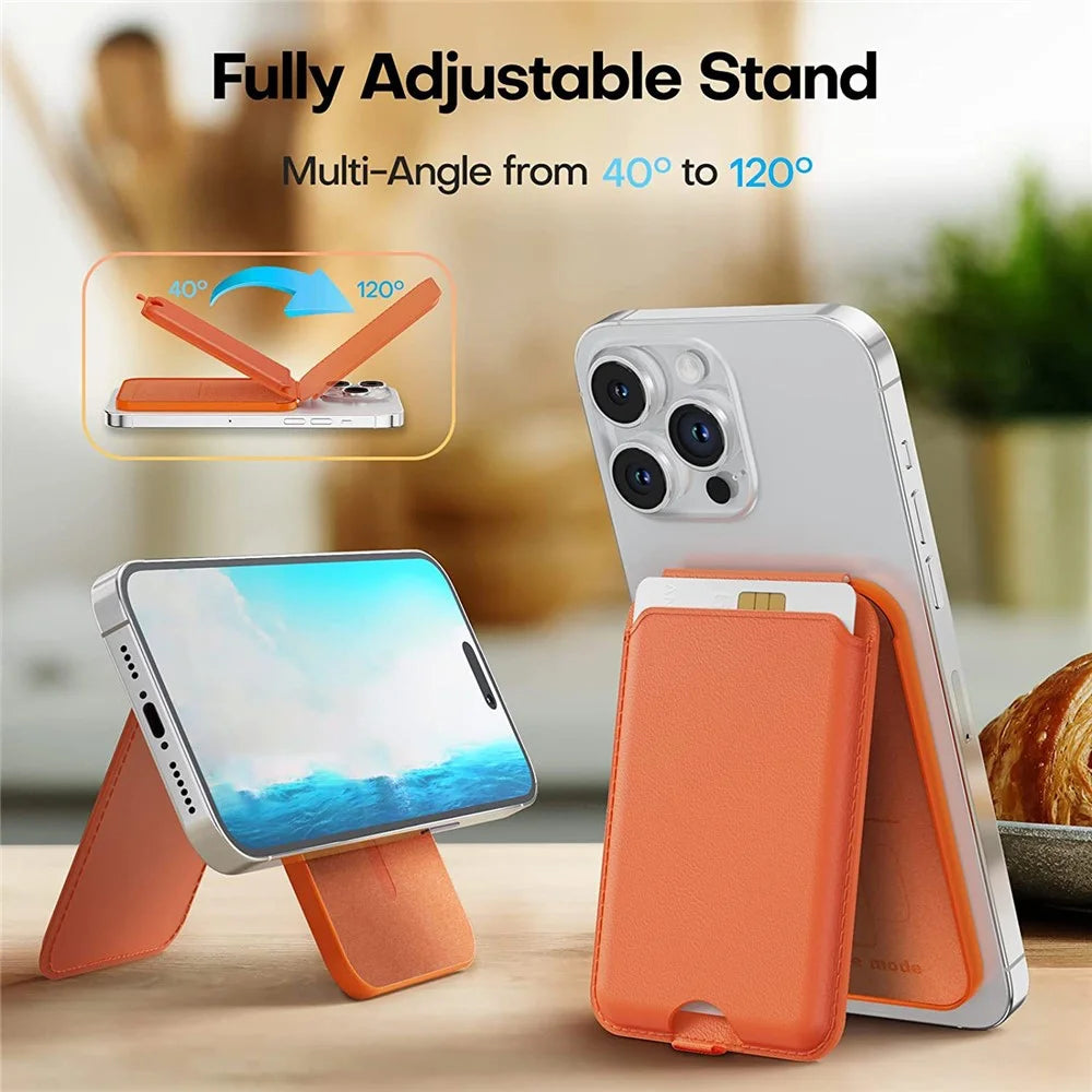 For iPhone 12 / 13 / 14 / 15 Series Magnetic Card Holder Compatible with MagSafe PU Phone Kickstand Card Bag - Orange - 5