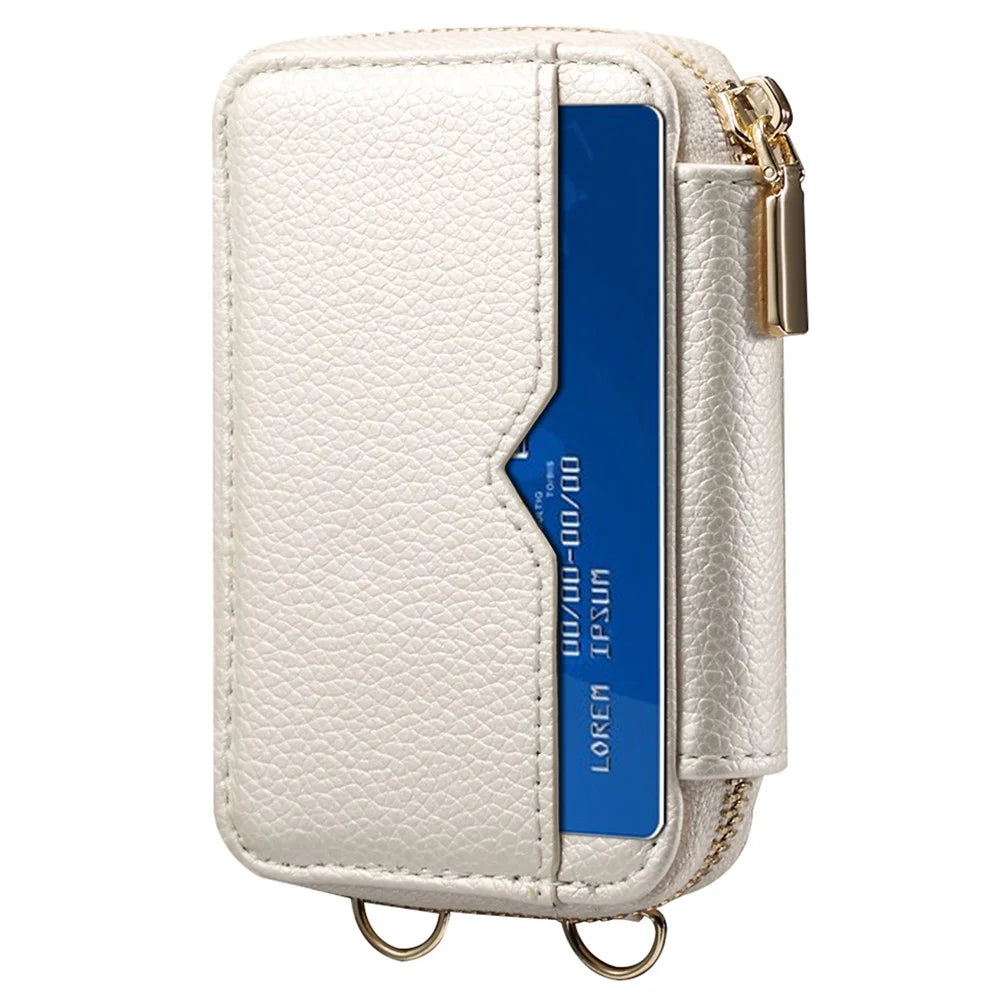Litchi Texture PU Leather Zipper Cash Card Holder Purse Storage Bag with Mirror - White - 1