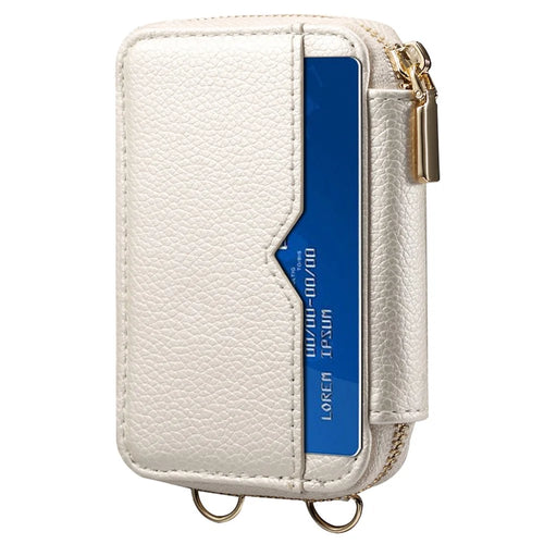 Litchi Texture PU Leather Zipper Cash Card Holder Purse Storage Bag with Mirror - White - 1
