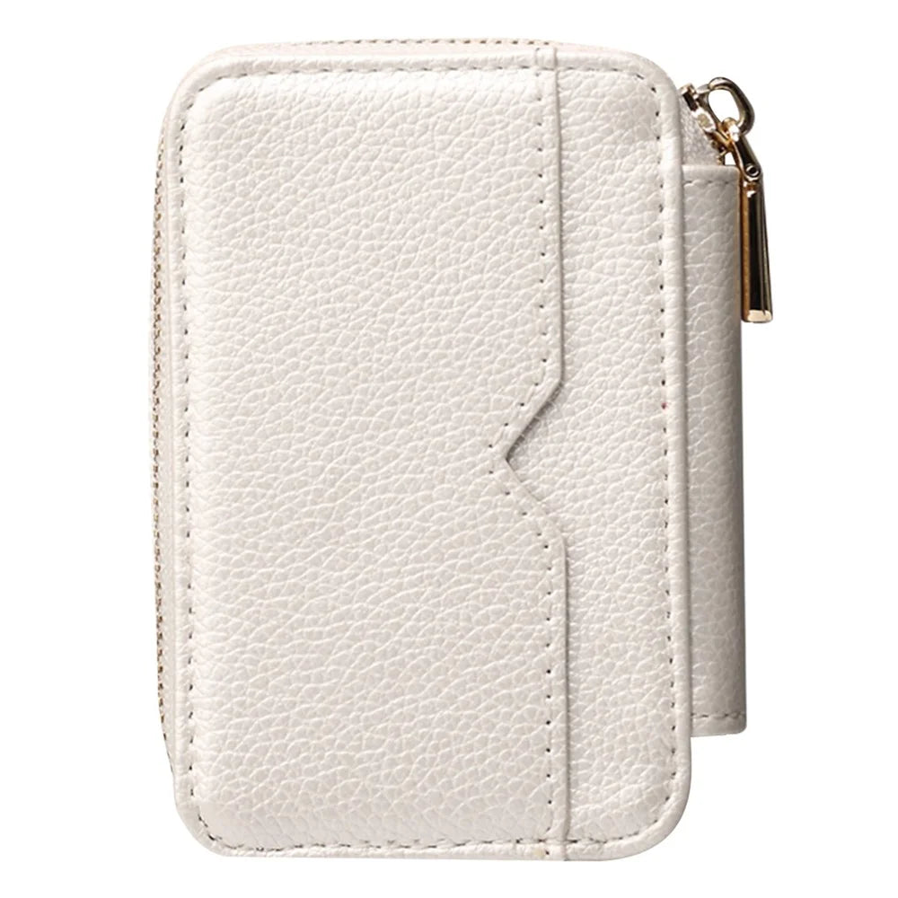 Litchi Texture PU Leather Zipper Cash Card Holder Purse Storage Bag with Mirror - White - 2