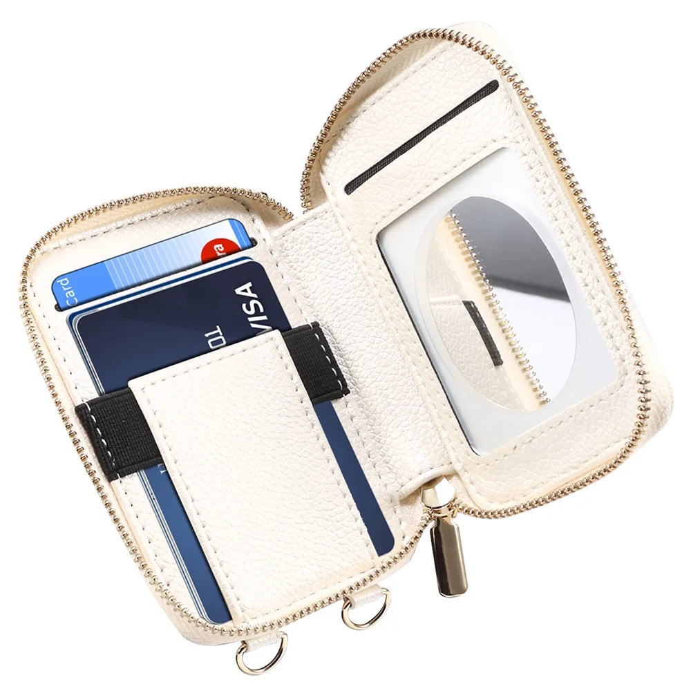Litchi Texture PU Leather Zipper Cash Card Holder Purse Storage Bag with Mirror - White - 3