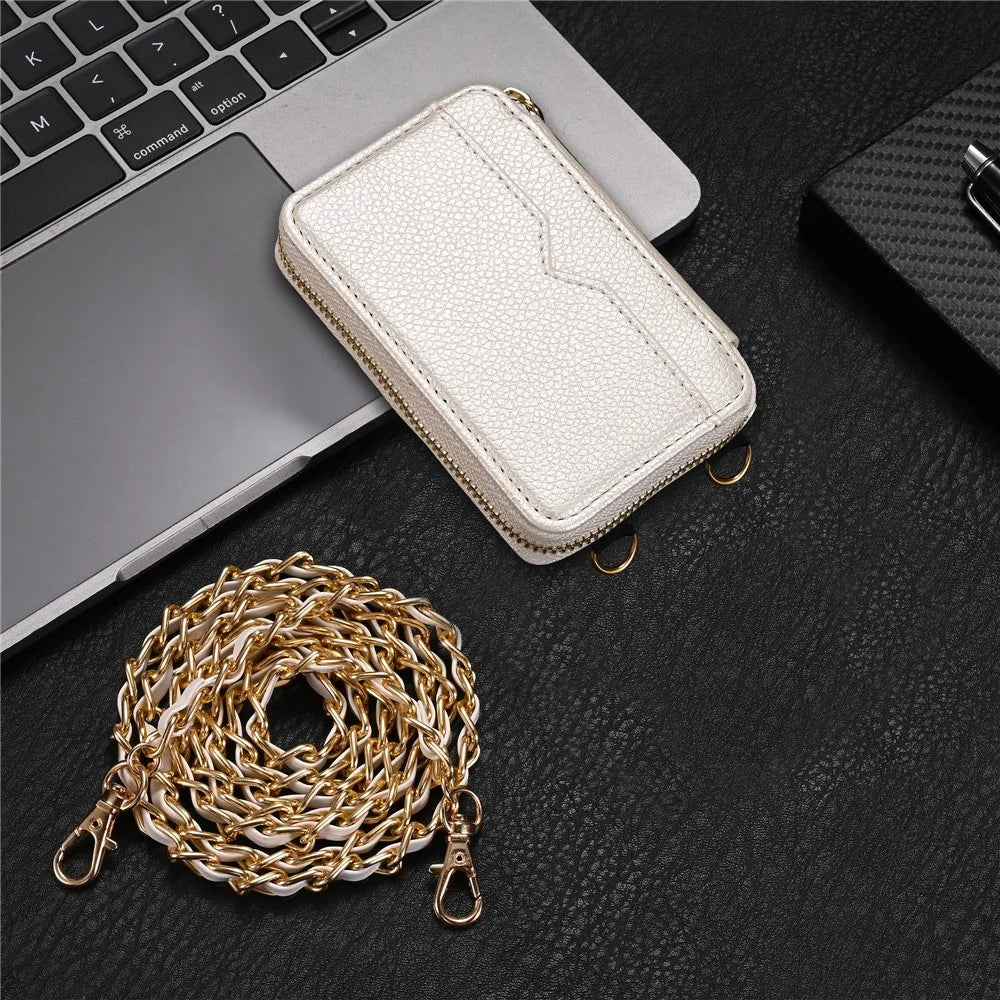 Litchi Texture PU Leather Zipper Cash Card Holder Purse Storage Bag with Mirror - White - 6